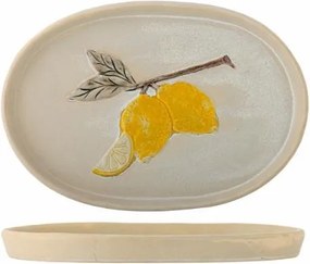 Platou oval din ceramică natur cu lămâi sculptate în relief, 36×25×3 cm, "Hadden"