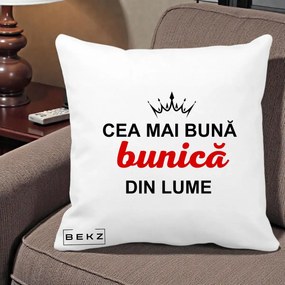 Cadou pentru Bunica - Perna Personalizata Cea Mai Buna Bunica Din Lume Coroana Neagra, 40x40 cm, Alba Mata, Husa Detasabila, Perna Inclusa, BEKZ®
