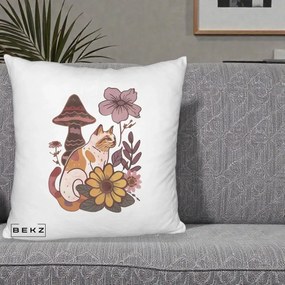 Perna Decorativa Pisica Vintage Florala Boho, 40x40 cm, Alb Pufos, Husa Detasabila, Perna Inclusa, BEKZ®