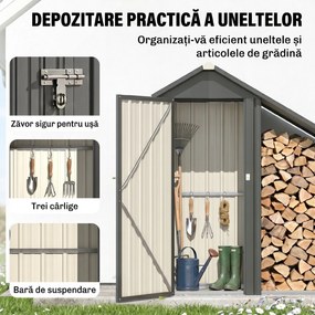 Outsunny Șopron Exterior pentru Lemne cu Dulap pentru Unelte, 0,77 m², 150x66x162 cm, Din Oțel Galvanizat, Gri Închis | Aosom Romania