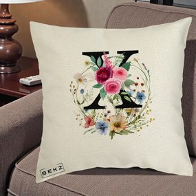 Cadou Personalizat - Perna Personalizata Monograma Florala Litera X cu Coroana, 40x40 cm, Ecru, Husa Detasabila, Perna Inclusa, BEKZ®
