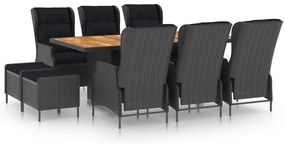 vidaXL Set mobilier exterior cu perne, 9 piese, gri închis, poliratan