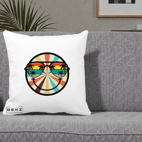 Perna Decorativa Smiley Face Retro Sunset Palmieri, 40x40 cm, Alba Mata, Husa Detasabila, Perna Inclusa, BEKZ®