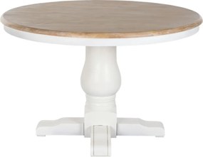Masă dining rotundă din lemn de ulm, natur, 4–5 locuri, cu picior central strunjit, 76 x 120 cm, „Amely”