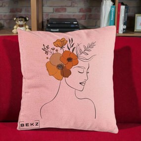 Perna Decorativa Portret Feminin Flori Galbene-Portocalii, 40x40 cm, Roz, Husa Detasabila, Perna Inclusa, BEKZ®