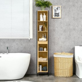 Kleankin Dulap Înalt de Baie Multifuncțional, Design Modern Negru și Natural | Aosom Romania