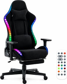 Scaun Gaming cu RGB, Iluminare LED Multicolor, Telecomanda, Cotiere 3D, Reclinare 180°, Suport Picioare, Catifea, Negru