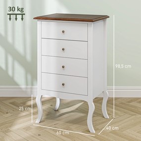 HOMCOM Cămin de Dormitor cu 4 Sertare Design Anti-răsturnare Coteț pentru Sufragerie Hol 60x40x98,5 cm Alb și Stejar | Aosom Romania