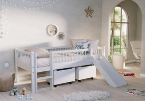 Pat Semi-Înălțat (Mid Sleeper) Forrest Beech 90x200 cm, pentru Camera Copii, din Lemn de Fag Lăcuit Alb, cu Tobogan și Sertare – Vipack