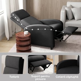 HOMCOM Fotoliu Relax Rabatabil Manual 160° cu Suport pentru Picioare, Fotoliu Ergonomic Tapițat cu Aspect de In pentru Dormitor, Birou, Living și Sufragerie, Negru | Aosom Romania