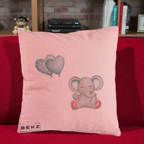 Perna Decorativa, Model Elefant si baloane in forma de inimioare, 40x40 cm, Roz, Husa Detasabila, Perna Inclusa, BEKZ®