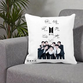 Perna Personalizata K-pop BTS Autografe Toti Membrii cu Fotografie, 40x40 cm, Alba Mata, Husa Detasabila, Perna Inclusa, BEKZ®