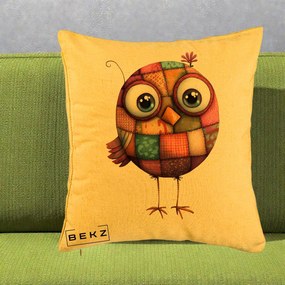 Perna Decorativa Pasare Patchwork Roz cu Floare, 40x40 cm, Galben, Husa Detasabila, Perna Inclusa, BEKZ®