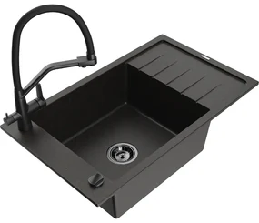 Mexen Elias chiuvetă granit 1-cameră cu scurgător și baterie de bucătărie Duo, negru/auriu metalizat - 6511-75-671701-70-B
