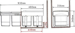 Cos gunoi incorporabil Ecomax Mega 40, cu extragere totala, colectare selectiva, 2 x 15 l Polipropilena, Gri orion, L:356 mm; A:480 mm; H:348  mm, 400