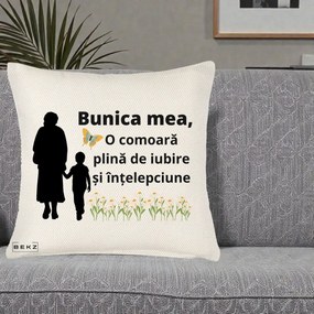 Cadou pentru Bunica - Perna Personalizata Bunica Mea Comoara cu Fluture si Baietel, 40x40 cm, Crem Reliefat, Husa Detasabila, Perna Inclusa, BEKZ®
