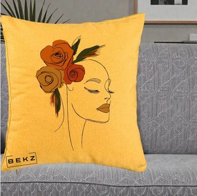 Perna Decorativa Portret Feminin Trandafiri Ruginii, 40x40 cm, Galben, Husa Detasabila, Perna Inclusa, BEKZ®