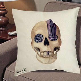 Perna Decorativa Craniu cu Cristale de Ametist, 40x40 cm, Ecru, Husa Detasabila, Perna Inclusa, BEKZ®