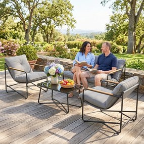 Set de Grădină Outsunny cu Canapea, 2 Fotolii și Măsuță cu Blat din Sticlă, Mobilier de Exterior cu Perne Groase, Gri Deschis | Aosom Romania