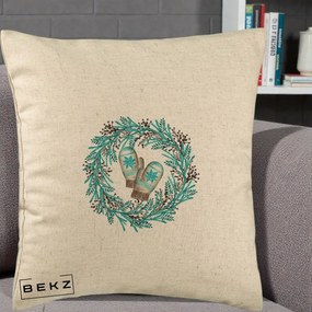 Perna Decorativa Coroana Turcoaz cu Manusi, 40x40 cm, Bej, Husa Detasabila, Perna Inclusa, BEKZ®