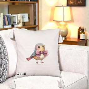 Perna Decorativa Pasare Bleu cu Fundita Roz, 40x40 cm, Bej cu Franjuri, Husa Detasabila, Perna Inclusa, BEKZ®