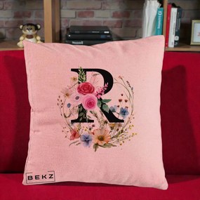 Cadou Personalizat - Perna Personalizata Monogram Litera R cu Flori Acuarela, 40x40 cm, Roz, Husa Detasabila, Perna Inclusa, BEKZ®