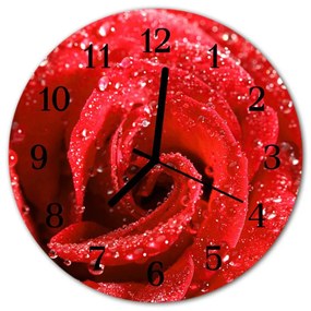 Ceas de perete din sticla rotund Rose Flori &amp; Plante Red