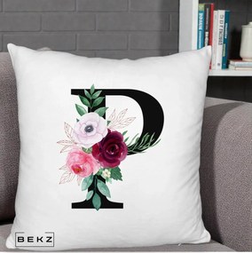 Cadou Personalizat - Perna Personalizata Monograma Florala Litera P, 40x40 cm, Alb Pufos, Husa Detasabila, Perna Inclusa, BEKZ®