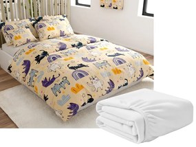 Set Lenjerie cocolino PURRSLEEP bej + Cearsaf Cocolino microplus cu elastic SOFT 180x200 cm alb, pat dublu