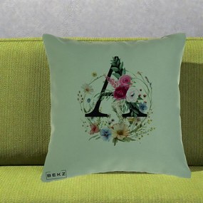 Cadou Personalizat - Perna Personalizata Monogram Litera A cu Flori Acuarela, 40x40 cm, Verde, Husa Detasabila, Perna Inclusa, BEKZ®