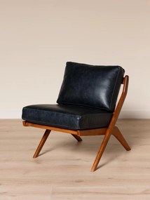 Fotoliu lounge din piele naturală neagră cu structură din lemn de acacia, „Marnet”