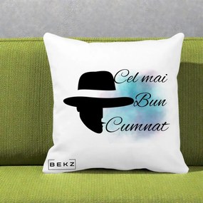 Cadou pentru Cumnat - Perna Personalizata Cel mai Bun Cumnat cu Silueta Palarie si Pete Teal-Roz, 40x40 cm, Alba Mata, Husa Detasabila, Perna Inclusa, BEKZ®