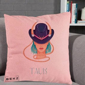 Perna Personalizata Zodie Taur, 40x40 cm, Roz, Husa Detasabila, Perna Inclusa, BEKZ®