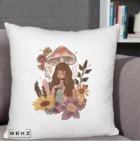 Perna Decorativa Fata Ciuperca Boho Florala, 40x40 cm, Alb Pufos, Husa Detasabila, Perna Inclusa, BEKZ®