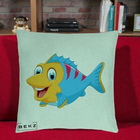 Perna Decorativa Peste Vesel Cartoon, 40x40 cm, Verde Menta, Husa Detasabila, Perna Inclusa, BEKZ®