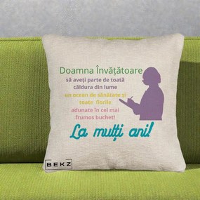 Cadou pentru Invatatoare - Perna Personalizata Doamna Invatatore La Multi Ani cu Silueta si Text Colorat, 40x40 cm, Bej Canapea, Husa Detasabila, Perna Inclusa, BEKZ®
