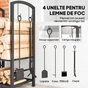 Outsunny Caseta pentru Lemne cu Set Unelte pentru Semineu in Otel Negru 40 x 30 x 74.5 cm