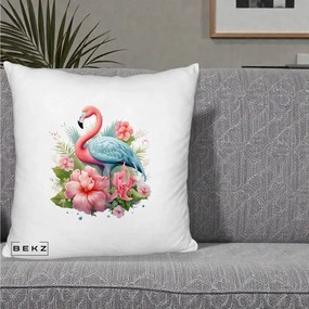 Perna Decorativa Flamingo cu Hibiscus Tropical, 40x40 cm, Alb Pufos, Husa Detasabila, Perna Inclusa, BEKZ®