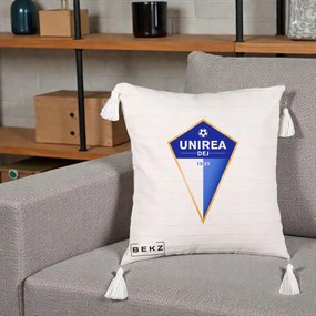 Perna Personalizata Unirea Dej 1921 Fotbal, 40x40 cm, Bej cu Franjuri, Husa Detasabila, Perna Inclusa, BEKZ®