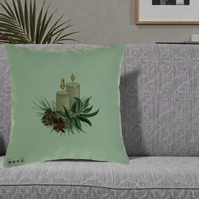 Perna Decorativa Lumanari cu Ilex si Conuri Ilustratie, 40x40 cm, Verde, Husa Detasabila, Perna Inclusa, BEKZ®