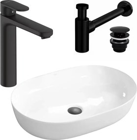 Pachet lavoar pe blat Rea Cleo alb 61 cm, baterie lavoar Hansgrohe Vernis Blend negru si ventil lavoar Click-Clack negru