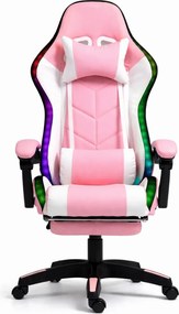 ALFORD Scaun gaming cu Masaj in 5 puncte, Perna lombara cu Masaj, Sistem iluminare banda LED RGB, Boxe Bluetooth, suport picioare, PU, Roz