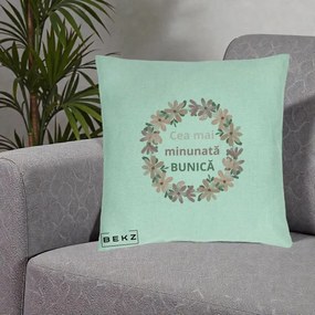 Cadou pentru Bunica - Perna Personalizata Cea Mai Minunata Bunica Coronita Flori Roz, 40x40 cm, Verde Menta, Husa Detasabila, Perna Inclusa, BEKZ®