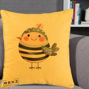 Perna Decorativa Pui Kawaii Teal cu Flori, 40x40 cm, Galben, Husa Detasabila, Perna Inclusa, BEKZ®
