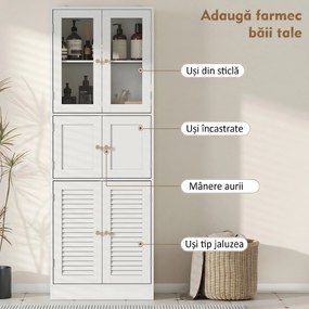 HOMCOM Dulap pentru baie cu 3 compartimente și 2 uși din sticlă și lemn, rafturi reglabile, 60x30x170 cm, alb | Aosom Romania