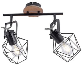 Spotlight industrial negru cu lemn 2 lumini - Sven