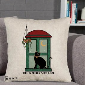 Perna Personalizata Life is Better with a Cat Geam, 40x40 cm, Bej Canapea, Husa Detasabila, Perna Inclusa, BEKZ®