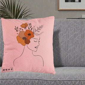 Perna Decorativa Portret Feminin Flori Galbene-Portocalii, 40x40 cm, Roz, Husa Detasabila, Perna Inclusa, BEKZ®