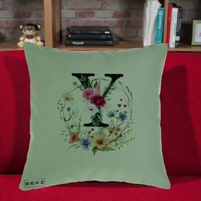 Cadou Personalizat - Perna Personalizata Monograma Florala Litera Y cu Coroana, 40x40 cm, Verde, Husa Detasabila, Perna Inclusa, BEKZ®