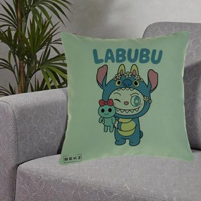 Perna Personalizata Labubu x Stitch cu Flori, 40x40 cm, Verde, Husa Detasabila, Perna Inclusa, BEKZ®